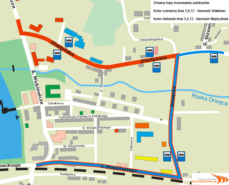 Mapa: Zmiana trasy autobusów. Kolor czerwony kierunek Wałdowo, kolor niebieski kierunek Międzylesie. Źródło: mapa.ostroda.pl